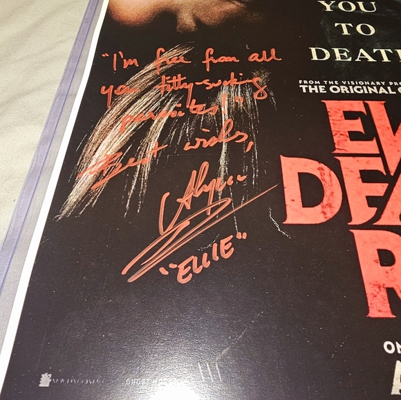 Sam Raimi and Alyssa Sutherland SIGNED 'EVIL DEAD RISE 11x17 INSCRIPTION AND JSA - Picture 2 of 5
